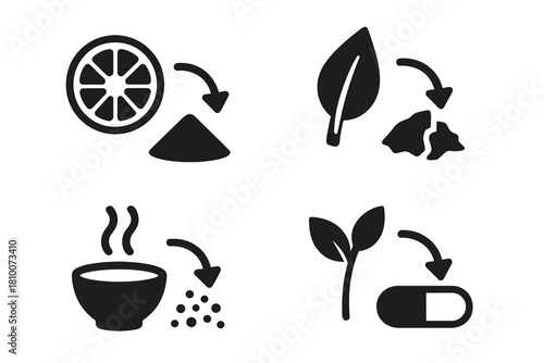 Ingredient Transformation Icons. Solid style icons of ingredient origins: raw fruit slice next to powder pile, leaf to flake,