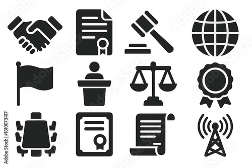 International Treaties Icons. Solid style icons of international treaties: handshake, treaty document, gavel, globe, flag icons,