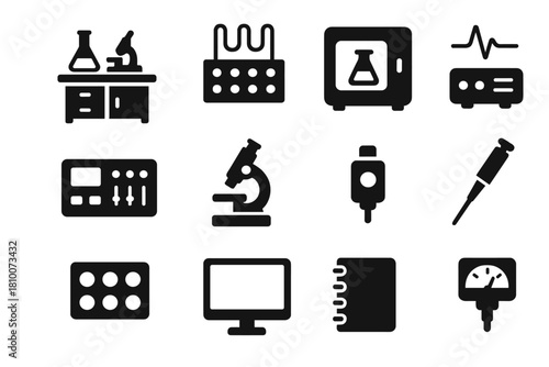 Experimental Setup Icons. Solid style icons of experimental setups: lab bench, electrode array, incubator, stimulation device,