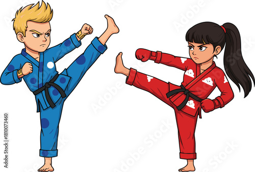 Fierce Young Karate Students Sparring in Blue and Red Uniforms with Cloud and Dot Patterns, Practicing High Kicks in Martial Arts Training for Fitness and Self-Defense, Cartoon Vector 