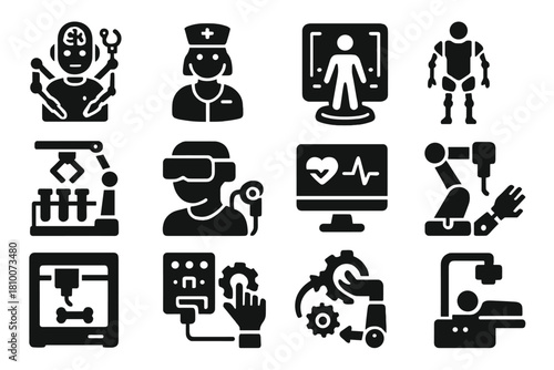 Futuristic Medical Robotics Icons. Solid style icons of futuristic medical robotics: AI surgical assistant, robotic nurse,