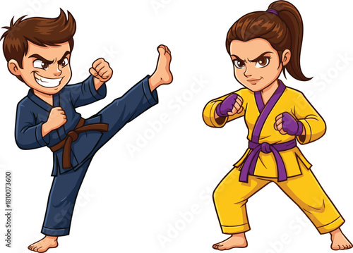 Enthusiastic Young Male Karate Student Executing a Powerful High Kick While His Female Opponent Stands Ready in a Defensive Stance, Practicing Martial Arts for Discipline, Fitness, and Self-Defense