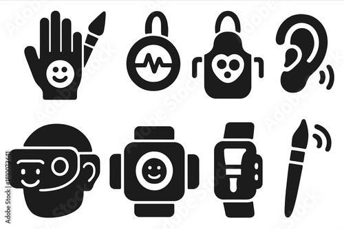 Wearable Painting Gear Icons. Solid style icons of wearable painting gear: emotion-glove brush icon, pulse ring painter,
