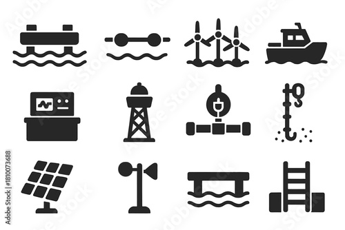 Marine Renewable Infrastructure Icons. Solid style icons of marine renewable infrastructure: floating platform, underwater cable,