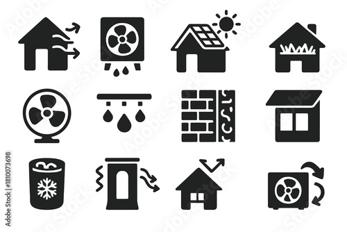 Low-Energy Cooling Icons. Solid style icons of Low-Energy Cooling: natural airflow, evaporative cooler, solar chiller, green roof,