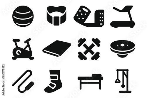 Rehabilitation Tool Icons. Solid style icons of rehabilitation tools: therapy ball, resistance band, foam roller, treadmill,