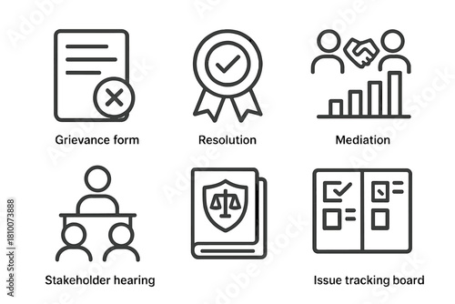 ESG Dispute Icons. Line style icons of ESG dispute and resolution: grievance form icon, complaint resolution badge, mediation