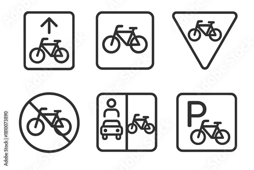 Cycling Traffic Icons. Line style icons of cycling traffic signs: bike lane arrow, bike crossing symbol, yield to cyclists, no