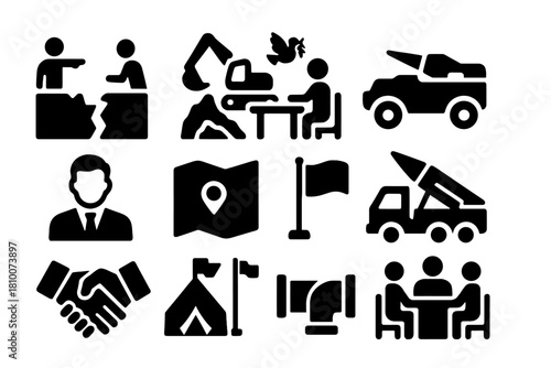 War and Diplomacy Icons. Solid style icons of War and Diplomacy: boundary dispute, mining site, peace negotiation, army vehicle,