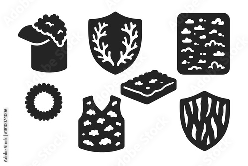 Nature-Inspired Fashion Icons. Solid style icons of lichen and mosswear: moss shoulderpad icon, lichen trim badge, forest blend