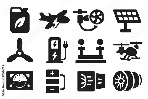 Eco Aircraft Icons. Solid style icons of Eco-Friendly Aircraft: biofuel tank, electric aircraft, hybrid engine, solar wing,