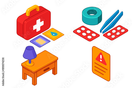 Travel Gear Essentials. Isometric vector illustration set Travel gear – first aid kit, blister pads, antiseptic wipes; medical