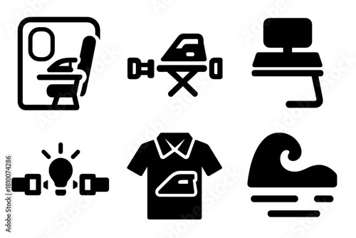 Extreme In-Flight Ironing. Line style icons of Extreme Ironing: airplane cabin ironing, seatbelt iron, tray table icon, fasten