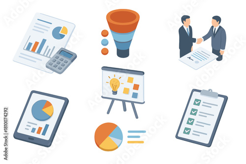 Business Data Visualization. Isometric vector illustration set of Business: financial report, sales funnel chart, business