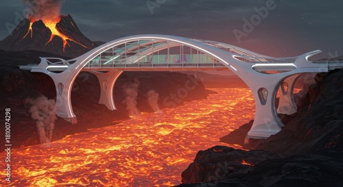 Futuristic elevated walkway spans across a river of glowing molten rock near an erupting volcano