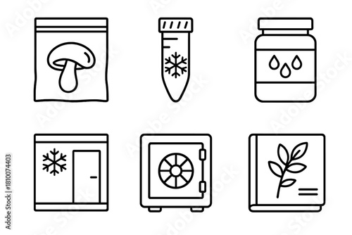 Preservation Line Icons. Line style icons of preservation and storage: dried mushroom in bag, cryogenic tube, desiccant jar, cold