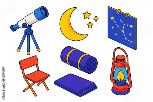 Park Stargazing Setup. Isometric vector illustration set Park activities – stargazing telescope, tripod mount, star chart;