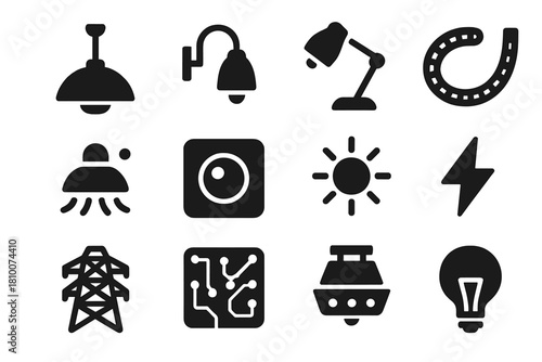 Solid Lighting Icons. Solid style icons of lighting systems: ceiling lamp, wall lamp, desk lamp, LED strip, light sensor, dimmer