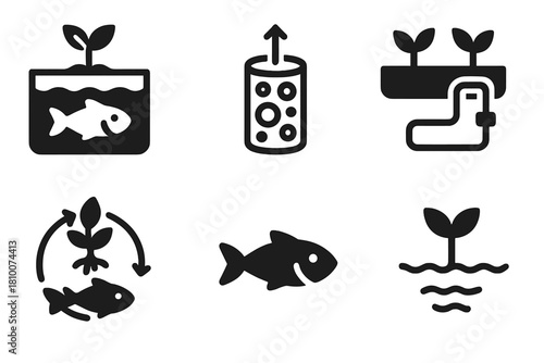 Hydroponics Icon Set. Line style icons of Hydroponics: aquaponics fish tank, biofilter icon, grow bed connection, symbiotic loop,