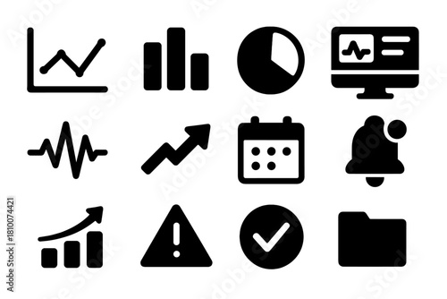 Health Tech Data Icons. Solid style icons of data visualization in health tech: line graph, bar chart, pie chart, dashboard screen