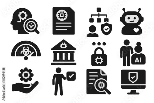 Ethical AI Icons. Solid style icons of Ethical AI Practices: bias detection, AI transparency report, accountability framework,