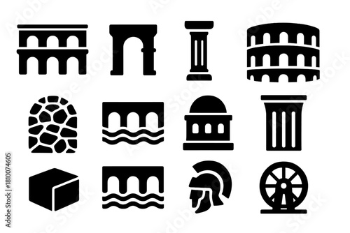 Roman Engineering Icons. Solid style icons of Roman engineering: aqueduct, arch, column, amphitheater, road, bridge, dome,