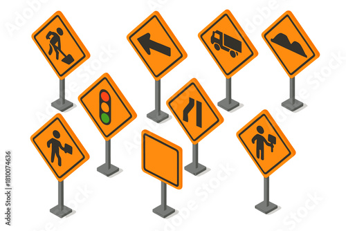 Bright Road Sign Icons. Isometric vector illustration set Street signs – men at work sign, road work ahead sign, detour left sign;