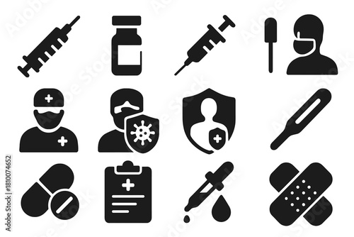 Vaccination Icons. Solid style icons of vaccination: syringe, vaccine vial, injection, needle, healthcare worker, shield, immunity