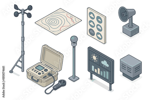 Meteorology Equipment Isometric Scene. Isometric vector illustration set of Meteorology tools: wind measurement mast, surface