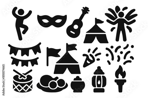 Cultural Celebration Icons. Solid style icons of cultural celebrations: dance, mask, musical instrument, costume, banner, flag,