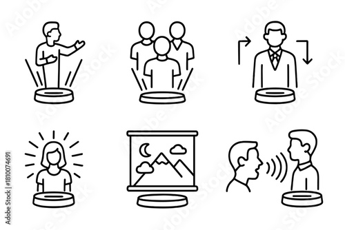 Holographic Theater Icons. Line style icons of holographic theater scenes: dramatic monologue light, group actor projections,