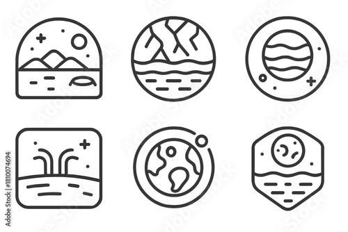 Planetary Environment Icons. Line style icons of planetary environments for life: Mars surface diagram, Europa ice crust, Titan
