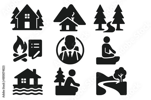 Nature Retreat Icons. Solid style icons of nature-based retreats: forest lodge icon, remote cabin with mountain, pathway through