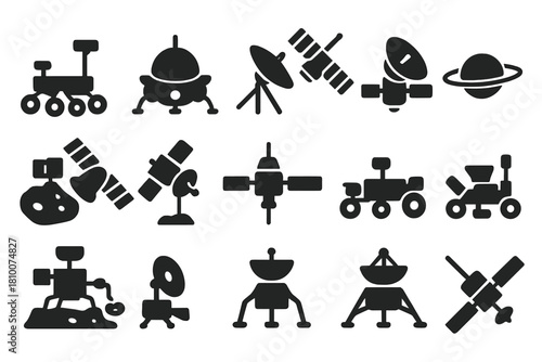 Spacecraft Icon Collection. Solid style icons of Robotic Spacecraft: Mars rover, Venus lander, Jupiter probe, Saturn orbiter,