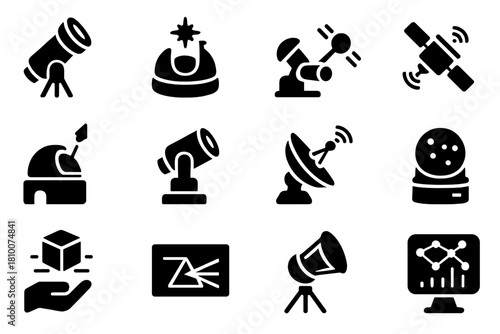 Futuristic Astronomy Tools Icons. Solid style icons of futuristic astronomy tools: space telescope, adaptive optics,
