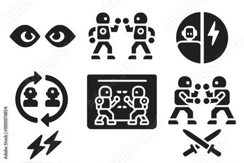 AI Battle Icons. Solid style icons of AI-versus-AI battles: locked eye symbol, mirrored robot pose icon, split arena badge. Dual