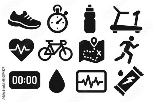 Endurance Training Icons. Solid style icons of endurance training: running shoes, stopwatch, water bottle, treadmill, heart rate