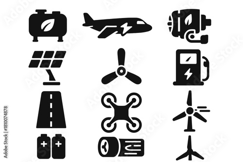 Renewable Aviation Icons. Solid style icons of Renewable Aviation: biofuel tank, electric airplane, hybrid engine, solar wing,