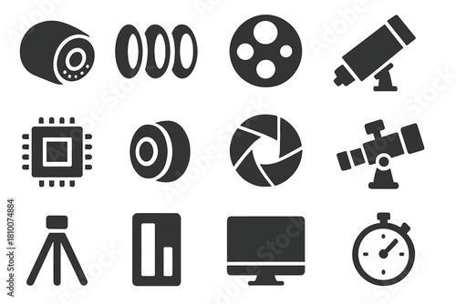 Space Imaging Tools. Solid style icons of space imaging devices: CCD camera, lens array, filter wheel, telescope tube, sensor chip