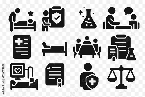 Medical Ethics Symbols. Solid style icons of Medical Ethics: end-of-life care, patient consent, experimental treatment,