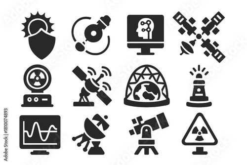 Futuristic Space Technology Icons. Solid style icons of futuristic space weather tech: solar shield, orbital sensor, AI monitoring
