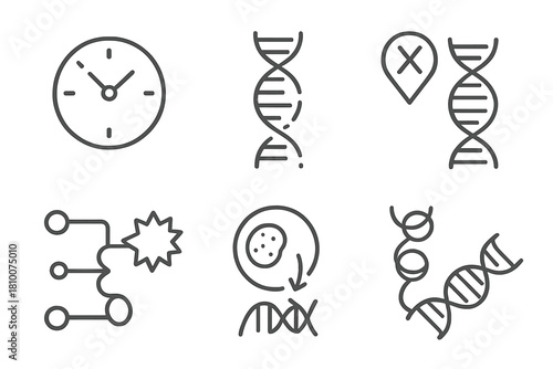 Epigenetics and Aging Icons. Line style icons of epigenetics and aging: aging clock symbol, telomere shortening icon, age-related