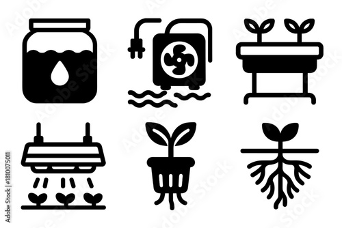 Hydroponics Line Icons. Line style icons of Hydroponics: nutrient solution tank, water pump icon, hydroponic tray, grow light