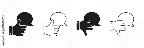 Thumbs Up And Down With Speech Bubble Line And Solid Icon Set. Feedback And Opinion Expression Symbol Collection. Communication And User Interaction. Isolated Vector Illustration