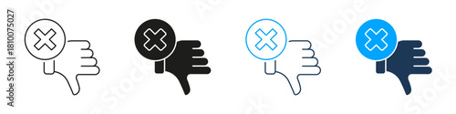 Thumbs Down With Cross Line And Solid Icon Set. Negative Feedback, Disapproval, And Rejection Symbol Collection. User Experience And Rating Concept. Isolated Vector Illustration