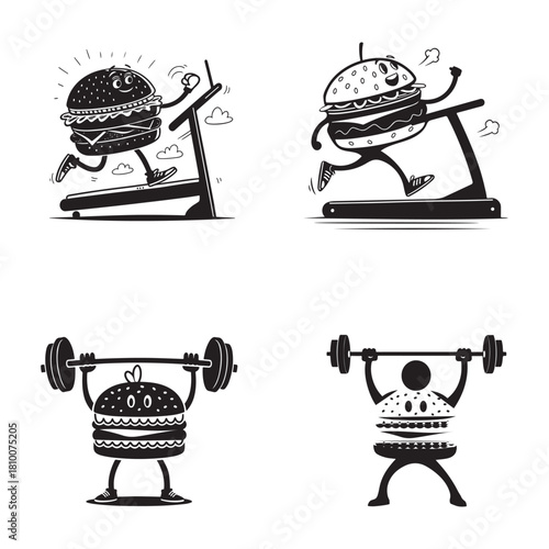 Funny Exercising Burger Icon Silhouette.