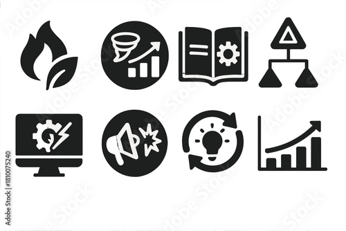 Crisis Management Icons. Solid style icons of crisis management for growth: fire + growth symbol, disaster-to-opportunity badge,