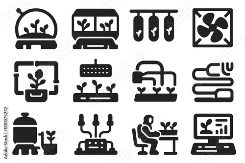 Space Agriculture Icons. Solid style icons of space agriculture environments: orbital greenhouse, modular chamber, zero-G pods,