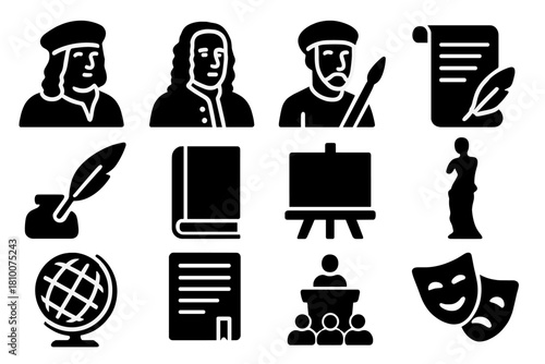 Icons of Intellectual History. Solid style icons of Intellectual History: renaissance scholar, enlightenment scholar, modern