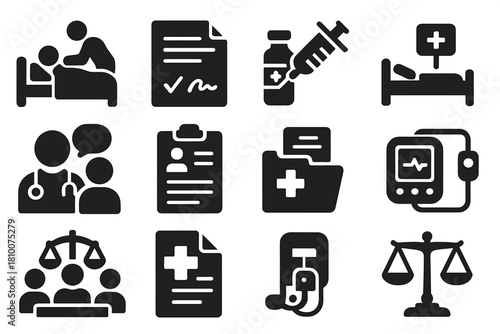 Responsible Medicine Icons. Solid style icons of Responsible Medicine: hospice care, signed consent, experimental therapy,